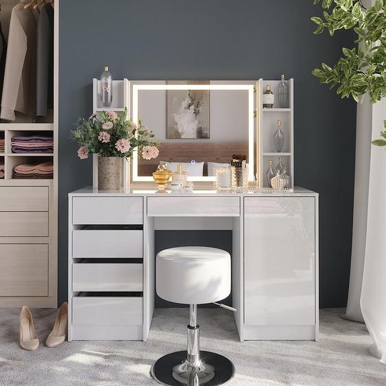 Coiffeuse Vicco Sherry blanc/blanc brillant 128.2cm 8 pièces, Model 57644