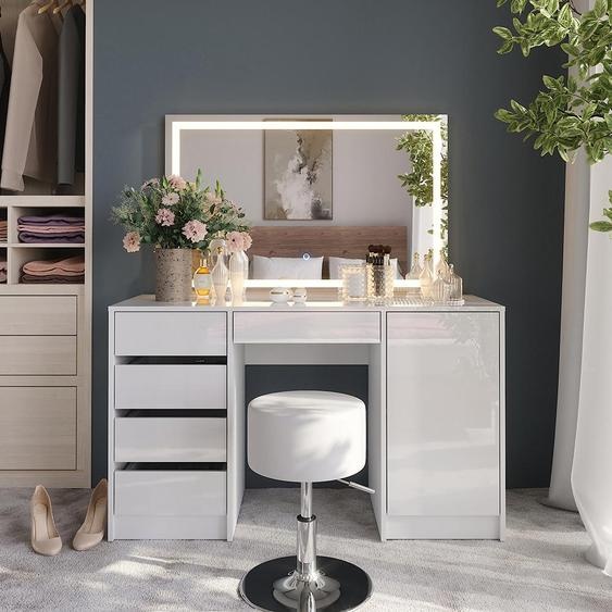 Vicco Coiffeuse Sherry, 128.2cm avec miroir LED et tabouret, blanc/blanc brillant