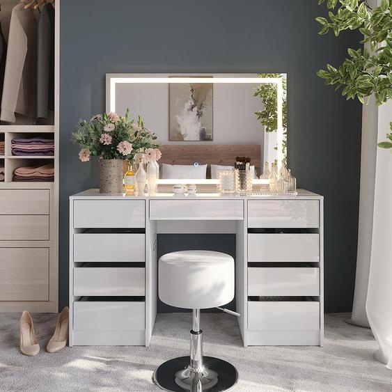 Vicco Coiffeuse Sherry, 128.2cm avec miroir LED et tabouret, blanc/blanc brillant