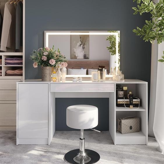 Vicco Coiffeuse Sherry, 158.2cm avec miroir LED et tabouret, blanc/blanc brillant