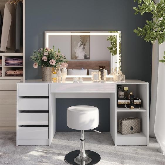 Vicco Coiffeuse Sherry, 158.2cm avec miroir LED et tabouret, blanc/blanc brillant