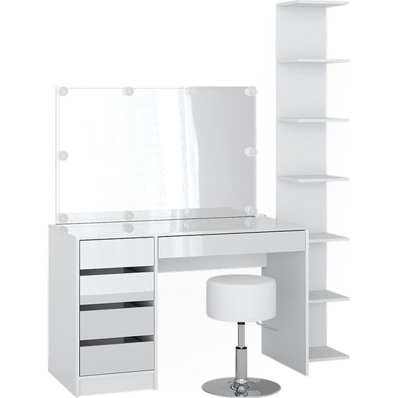 Vicco Coiffeuse Sherry, 4 pièces, avec étagère de rangement, miroir, tabouret, LED, Blanc Haute brillance/Blanc