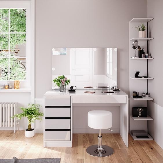 Vicco Coiffeuse Sherry, 4 pièces, avec étagère de rangement, miroir, tabouret, LED, Blanc