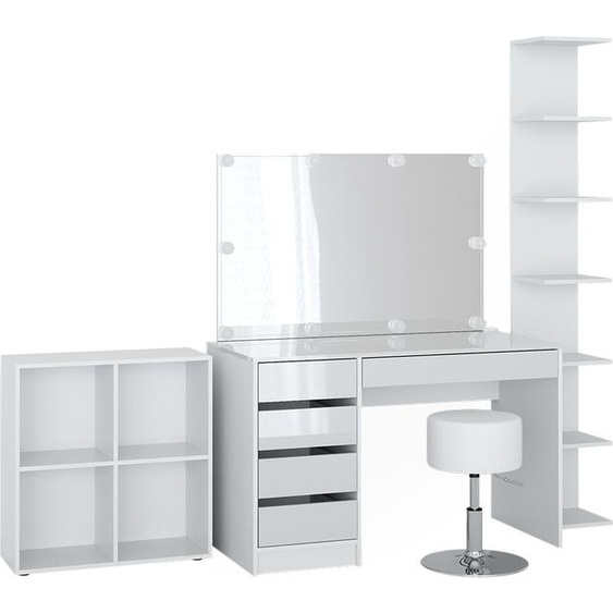 Vicco Coiffeuse Sherry, 5 pièces, avec étagère de rangement, étagère sur pied, miroir, tabouret, LED, Blanc Haute brillance/Blanc
