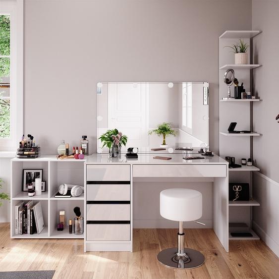 Vicco Coiffeuse Sherry, 5 pièces, avec étagère de rangement, étagère sur pied, miroir, tabouret, LED, Blanc