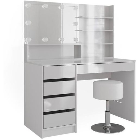 Vicco coiffeuse Sherry, Blanc Haute brillance, 120 cm avec éclairage LED, tabouret et étagère miroir