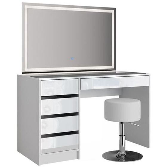 Vicco coiffeuse Sherry, Blanc Haute brillance, 120 cm avec miroir LED et tabouret