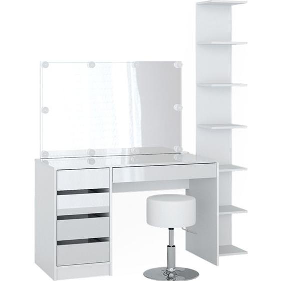 Vicco Coiffeuse Sherry, Blanc Haute brillance, 4 pièces, avec étagère de rangement, miroir, tabouret, LED