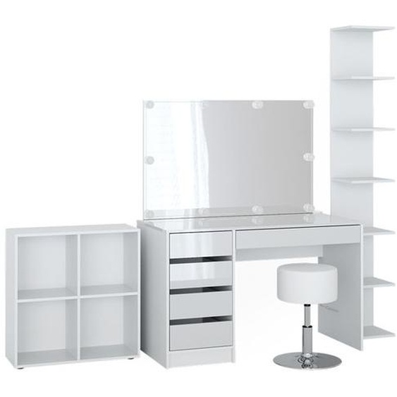 Vicco Coiffeuse Sherry, Blanc Haute brillance, 5 pièces, avec étagère de rangement, étagère sur pied, miroir, tabouret, LED