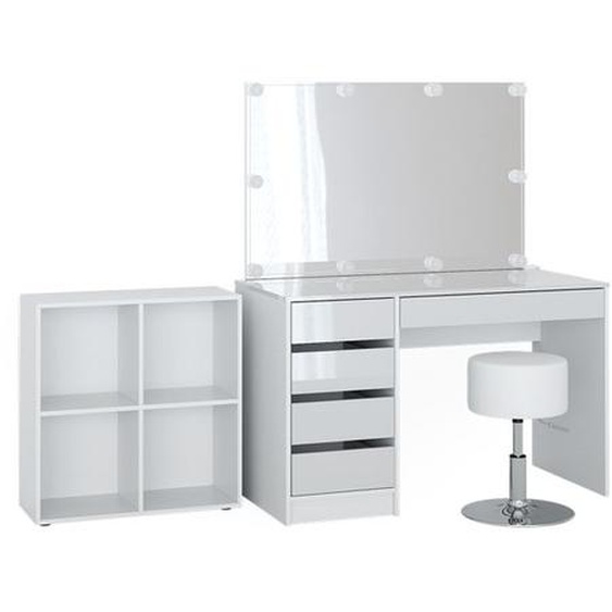 Vicco Coiffeuse Sherry, Blanc Haute brillance, cm 4 pièces, avec étagère sur pied, miroir, tabouret, LED