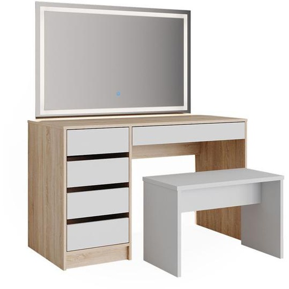 Vicco coiffeuse Sherry, Blanc/Sonoma, 120 cm avec miroir LED et tabouret