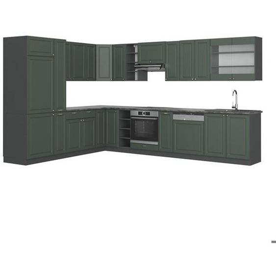 Cuisine en angle Fame-Line, 347 x 257 cm sans plan de travail, Vert et or campagne/anthracite, Vicco
