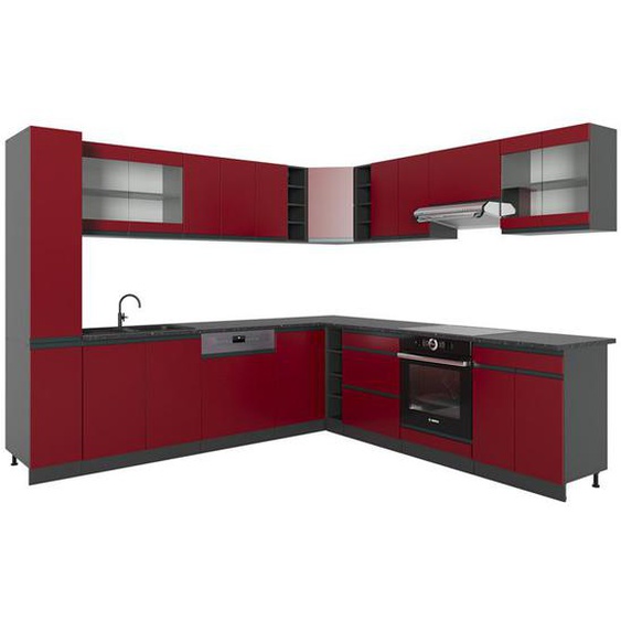 Cuisine en angle R-Line, 257 x 277 cm J-Shape, PT Chêne, Rouge/Anthracite, Vicco