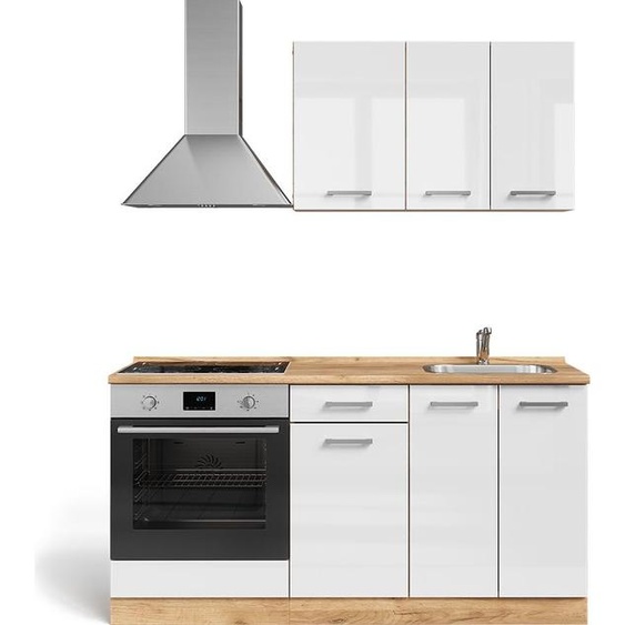 Vicco Cuisine R-Line, 160cm avec meuble four encastrable sans PT, Blanc brillant/Chêne doré
