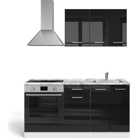 Vicco Cuisine R-Line, 160cm avec meuble four encastrable sans PT, Noir brillant/Blanc
