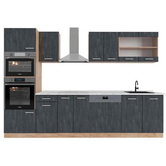 Vicco cuisine R-Line, Béton noir/chêne doré, 300 cm PT Marbre
