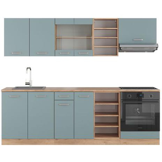 Cuisine R-Line, 240 cm sans plan de travail, Bleu-gris/chêne doré, Vicco