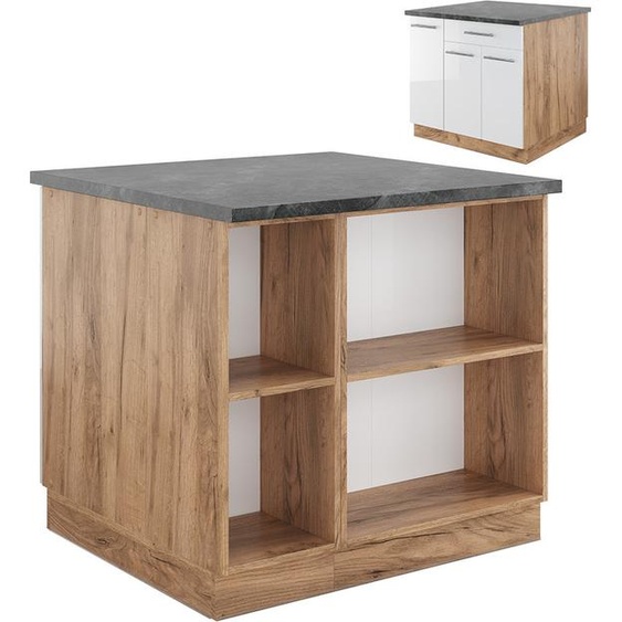 Vicco Îlot de cuisine Fame-Line, 90 cm avec tiroir, sans plan de travail, Blanc brillant/Chêne doré