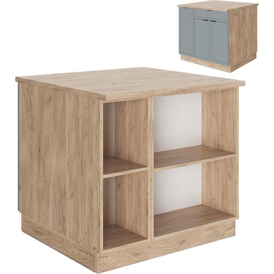 Vicco Îlot de cuisine Fame-Line, 90 cm avec tiroir, sans plan de travail, Bleu clair-gris/Chêne de force doré