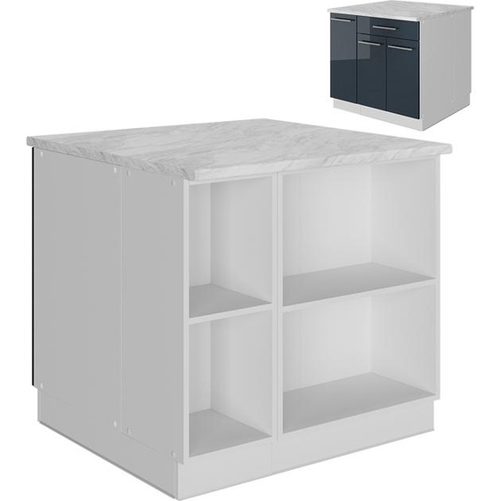Vicco Îlot de cuisine Fame-Line, 90 cm avec tiroir, sans plan de travail, bleu foncé brillant/blanc
