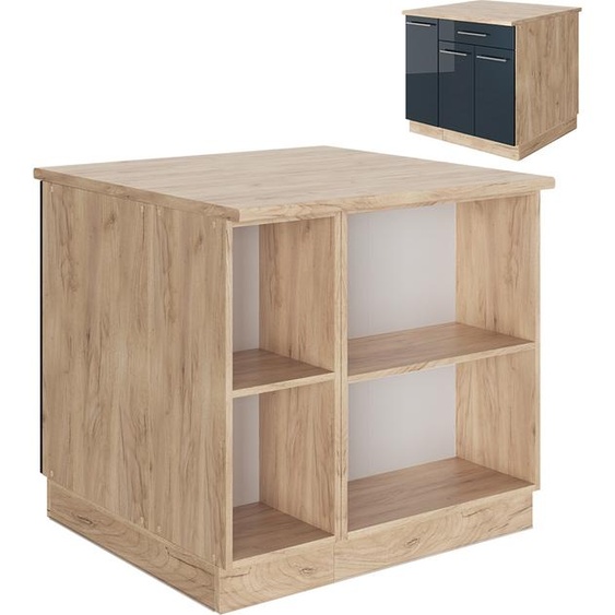 Vicco Îlot de cuisine Fame-Line, 90 cm avec tiroir, sans plan de travail, bleu foncé brillant/chêne doré