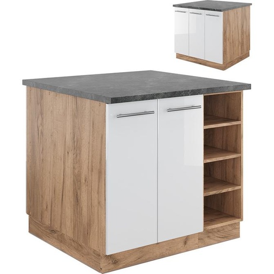 Vicco Îlot de cuisine Fame-Line, 90 cm sans plan de travail, Blanc brillant/Chêne doré