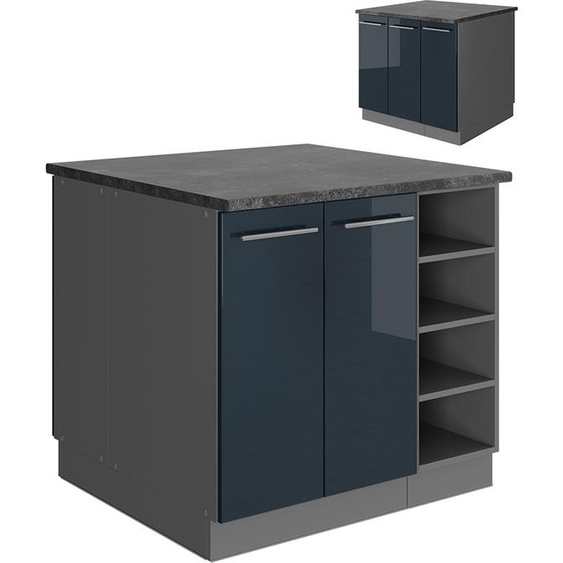 Vicco îlot de cuisine Fame-Line, 90 cm sans plan de travail, Bleu foncé brillant/Anthracite