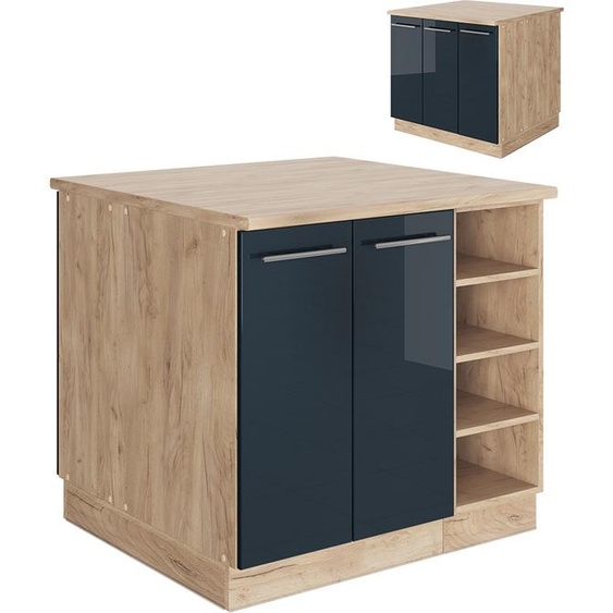 Vicco Îlot de cuisine Fame-Line, 90 cm sans plan de travail, bleu foncé brillant/chêne doré