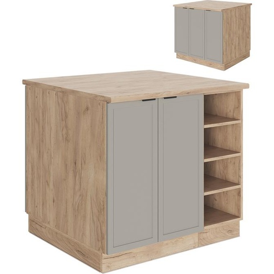 Vicco Îlot de cuisine Fame-Line, 90 cm sans plan de travail, GrisBeige/Chêne de force doré