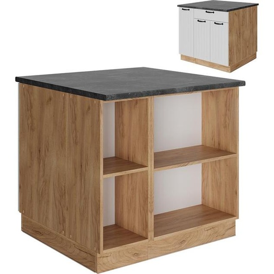 Vicco Îlot de cuisine Fame-Line, 90cm avec tiroir, sans PT, Blanc campagne/Chêne de force doré