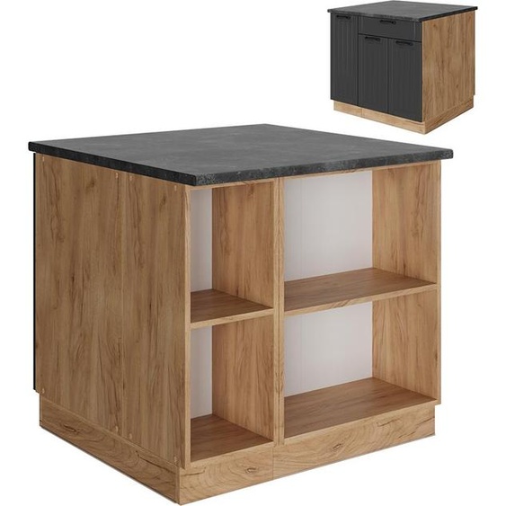 Vicco Îlot de cuisine Fame-Line, 90cm avec tiroir, sans PT, Gris foncé/Chêne de force doré