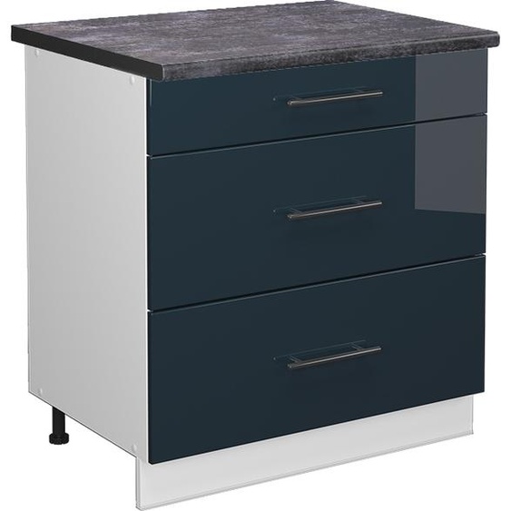Vicco meuble cuisine Fame-Line, 80 cm avec 3 tiroirs, PT Anthracite, Bleu foncé brillant/Blanc