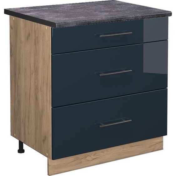 Vicco meuble cuisine Fame-Line, 80 cm avec 3 tiroirs, PT Anthracite, Bleu foncé brillant/Chêne de force doré