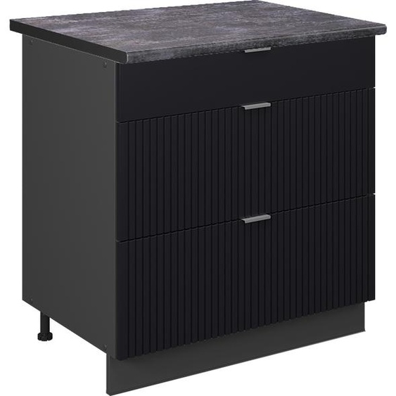 Meuble cuisine Vicco Fame-Line Noir rayé 80cm avec 3 tiroirs, PT Anthracite, Model 50889