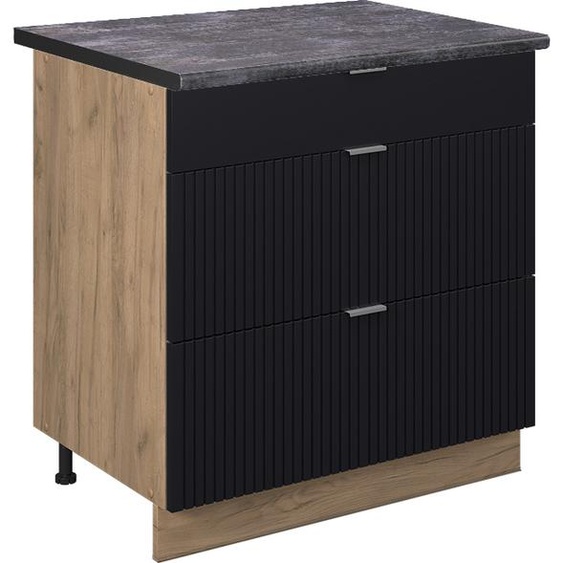Meuble cuisine Vicco Fame-Line Noir rayé 80cm avec 3 tiroirs, PT Anthracite, Model 50907