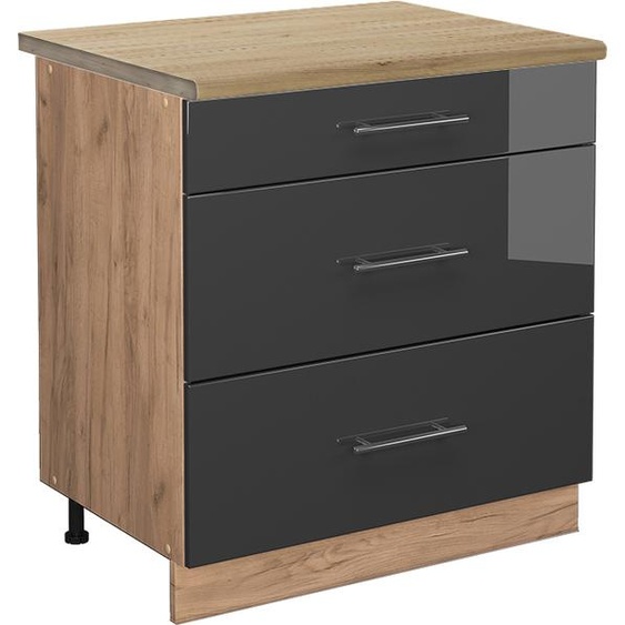 Vicco meuble cuisine Fame-Line, 80 cm avec 3 tiroirs, PT Chêne, Anthracite Haute brillance/Chêne de force doré