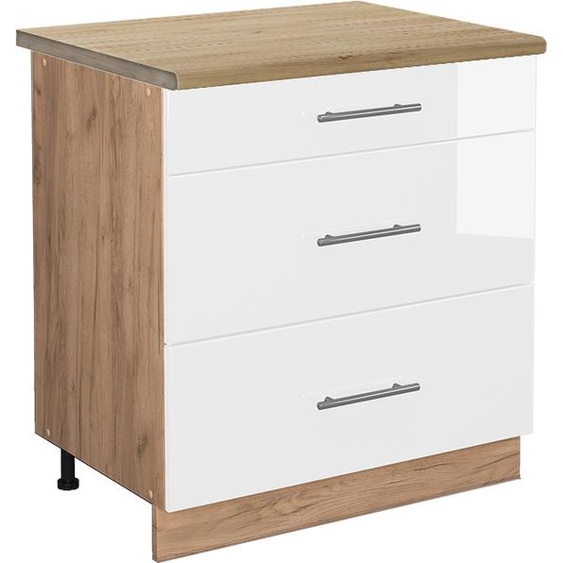 Vicco meuble cuisine Fame-Line, 80 cm avec 3 tiroirs, PT Chêne, Blanc Haute brillance/Chêne de force doré
