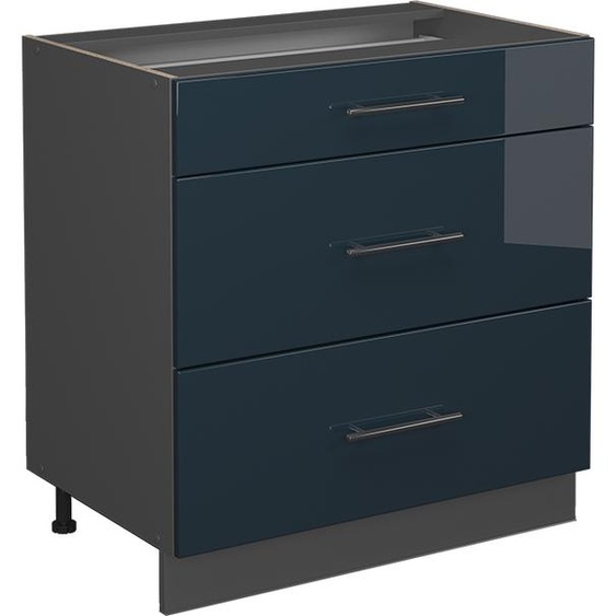 Vicco meuble cuisine Fame-Line, 80 cm avec 3 tiroirs, PT Chêne, Bleu foncé brillant/Anthracite