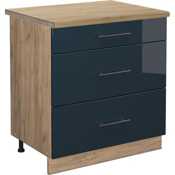 Vicco meuble cuisine Fame-Line, 80 cm avec 3 tiroirs, PT Chêne, Bleu foncé brillant/Chêne de force doré