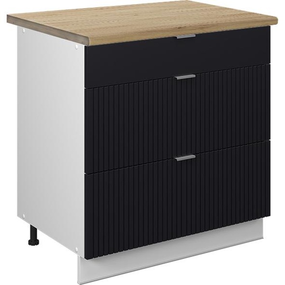 Vicco Meuble cuisine Fame-Line, 80 cm avec 3 tiroirs, PT Chêne, Noir rayé/Blanc
