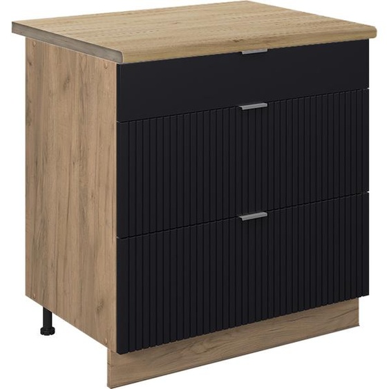 Vicco Meuble cuisine Fame-Line, 80 cm avec 3 tiroirs, PT Chêne, Noir rayé/Chêne de force doré