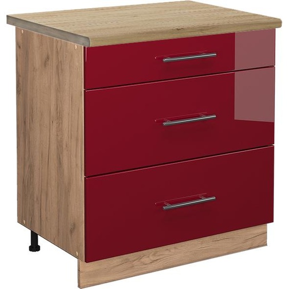 Vicco meuble cuisine Fame-Line, 80 cm avec 3 tiroirs, PT Chêne, Rouge bordeaux Haute brillance/Chêne de force doré