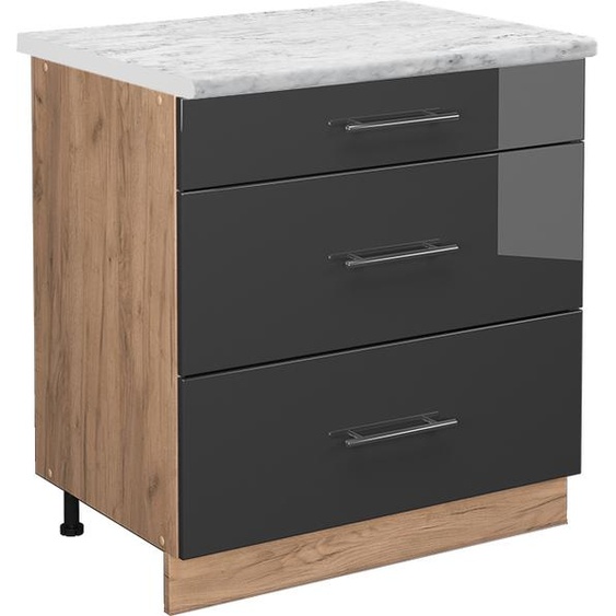 Vicco meuble cuisine Fame-Line, 80 cm avec 3 tiroirs, PT Marbre, Anthracite Haute brillance/Chêne de force doré