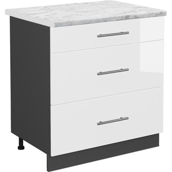 Vicco meuble cuisine Fame-Line, 80 cm avec 3 tiroirs, PT Marbre, Blanc Haute brillance/Anthracite