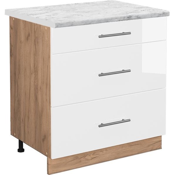 Vicco meuble cuisine Fame-Line, 80 cm avec 3 tiroirs, PT Marbre, Blanc Haute brillance/Chêne de force doré