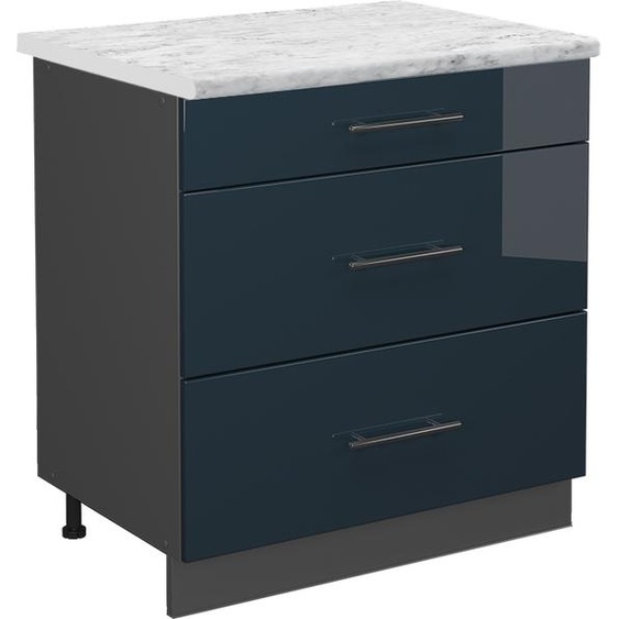 Vicco meuble cuisine Fame-Line, 80 cm avec 3 tiroirs, PT Marbre, Bleu foncé brillant/Anthracite