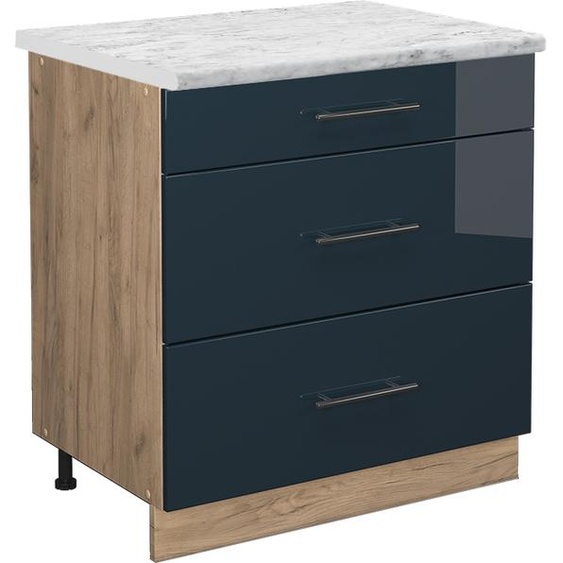 Vicco meuble cuisine Fame-Line, 80 cm avec 3 tiroirs, PT Marbre, Bleu foncé brillant/Chêne de force doré