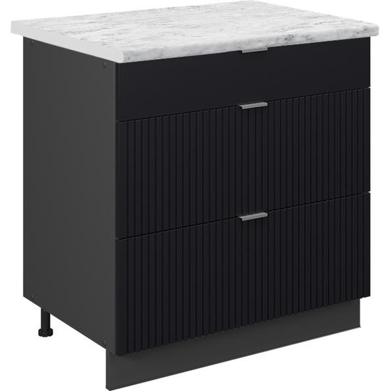 Vicco Meuble cuisine Fame-Line, 80 cm avec 3 tiroirs, PT Marbre, Noir rayé/Anthracite