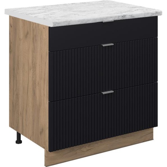 Vicco Meuble cuisine Fame-Line, 80 cm avec 3 tiroirs, PT Marbre, Noir rayé/Chêne de force doré