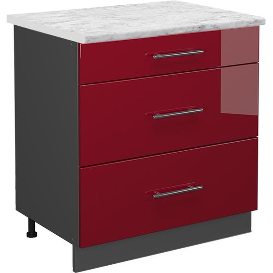 Vicco meuble cuisine Fame-Line, 80 cm avec 3 tiroirs, PT Marbre, Rouge bordeaux Haute brillance/Anthracite